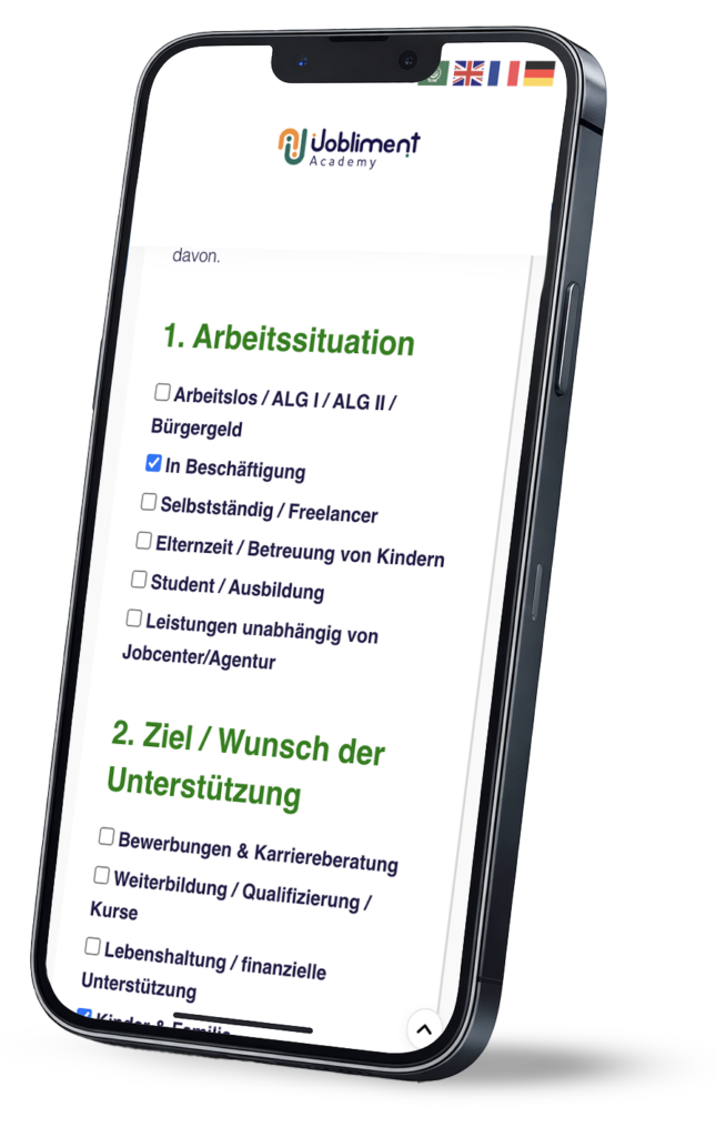 Smartphone zeigt die mobile Ansicht des Antragschecks zur Prüfung und Übersicht verschiedener Anträge und Fördermöglichkeiten